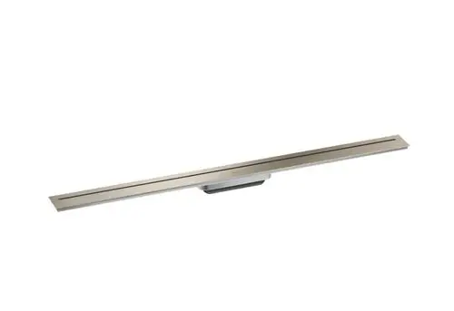 Duschrinne aus gebürstetem Nickel, flaches Design, geeignet für Badezimmer. Produkt von AXOR, ermöglicht die effektive Abführung von Wasser in Duschen.